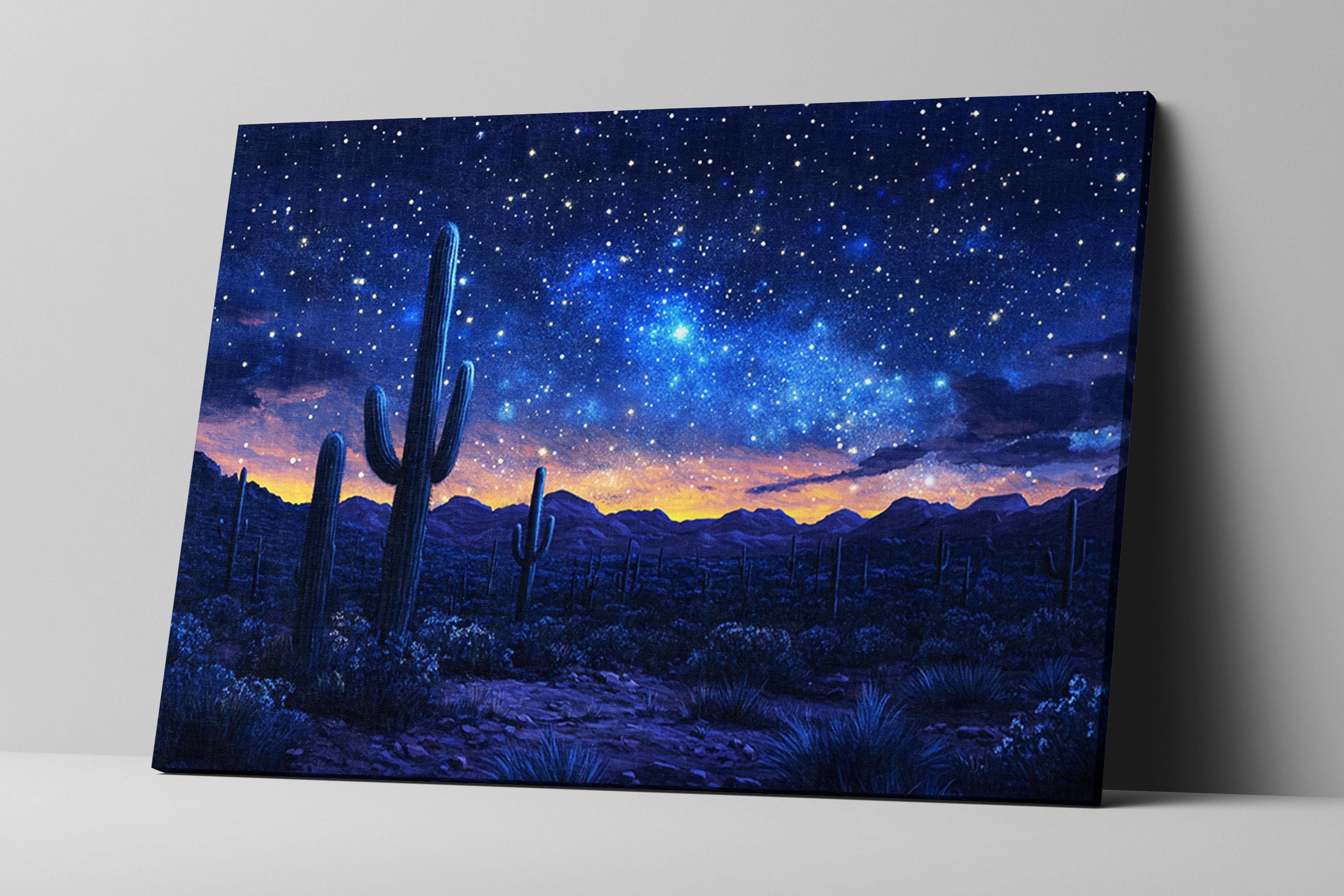 a painting of a night sky with stars and a cactus