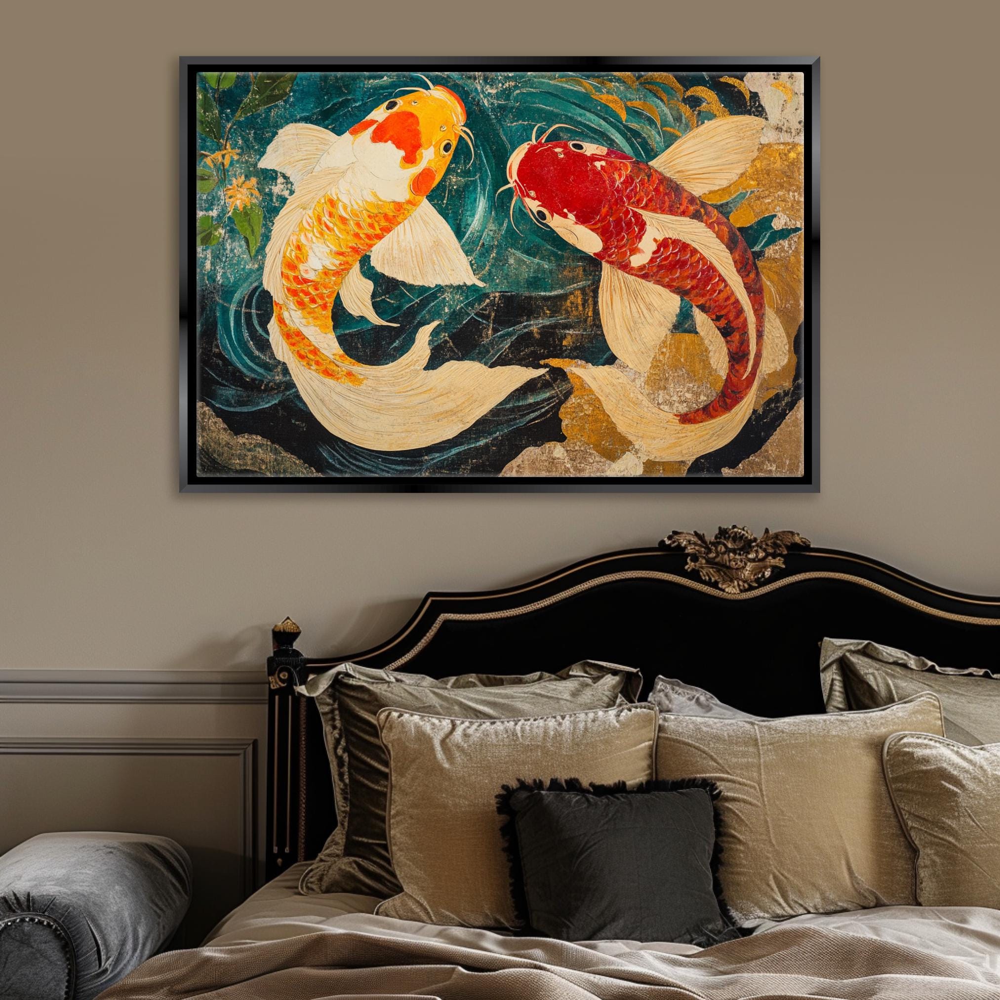 a painting of two koi fish on a wall above a bed