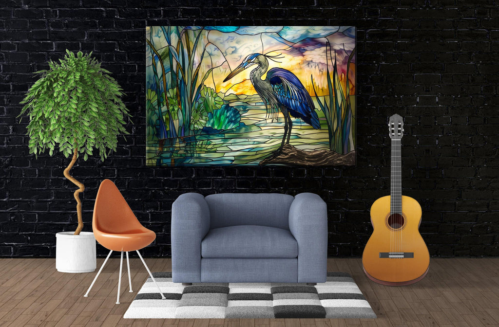 Blue Heron Wall Art - Large Stained Glass Canvas Print | Coastal Home Decor