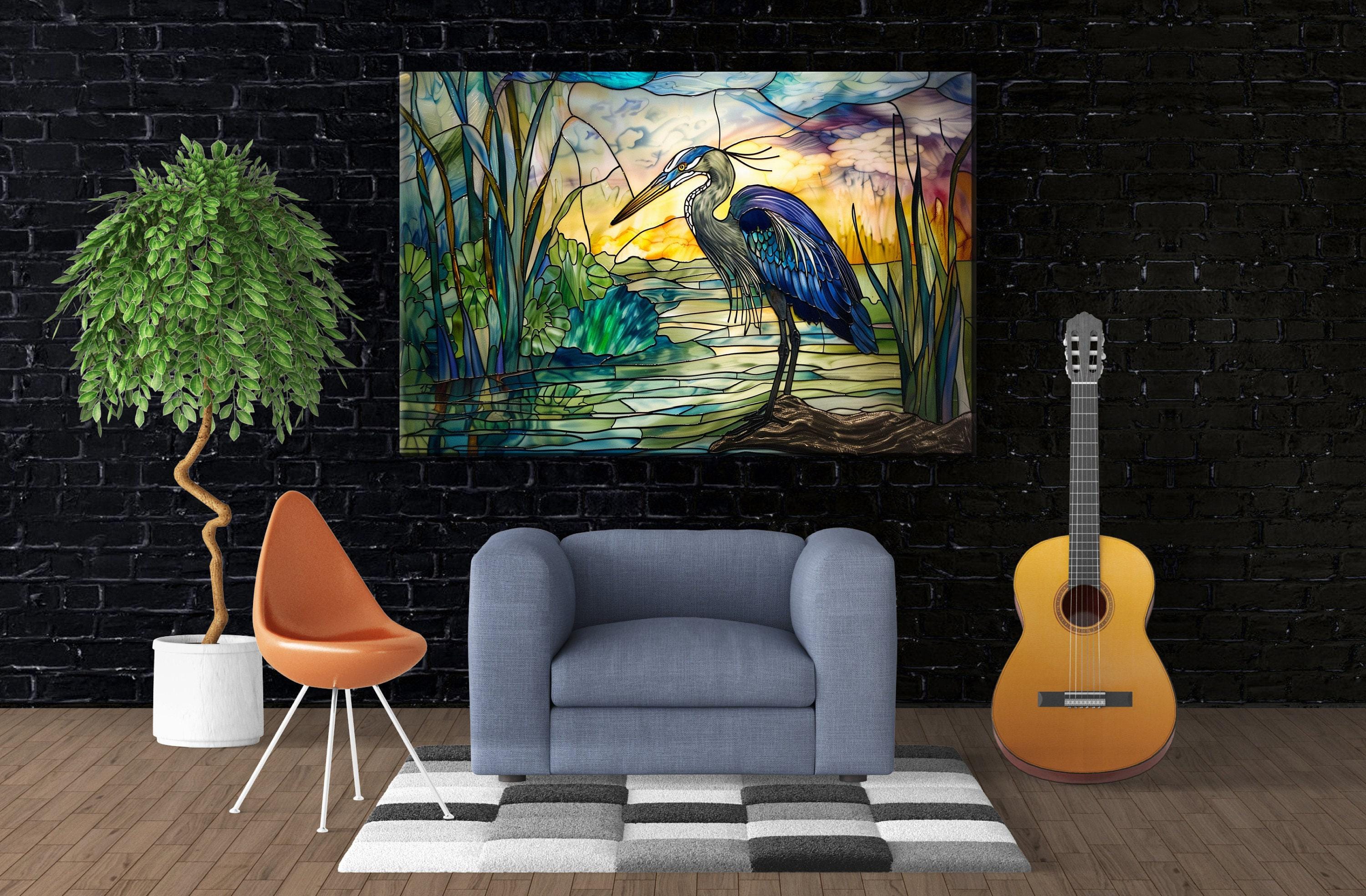 Blue Heron Wall Art - Large Stained Glass Canvas Print | Coastal Home Decor