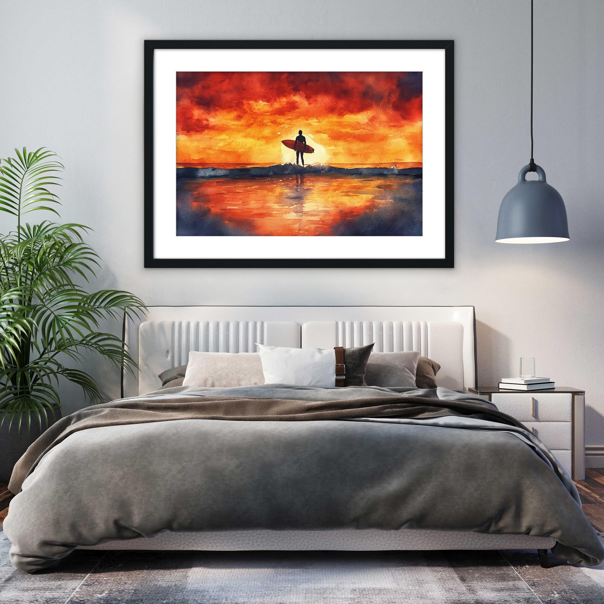 a bedroom with a large bed, a framed painting of a surfer on the wall, and a potted plant in the corner.