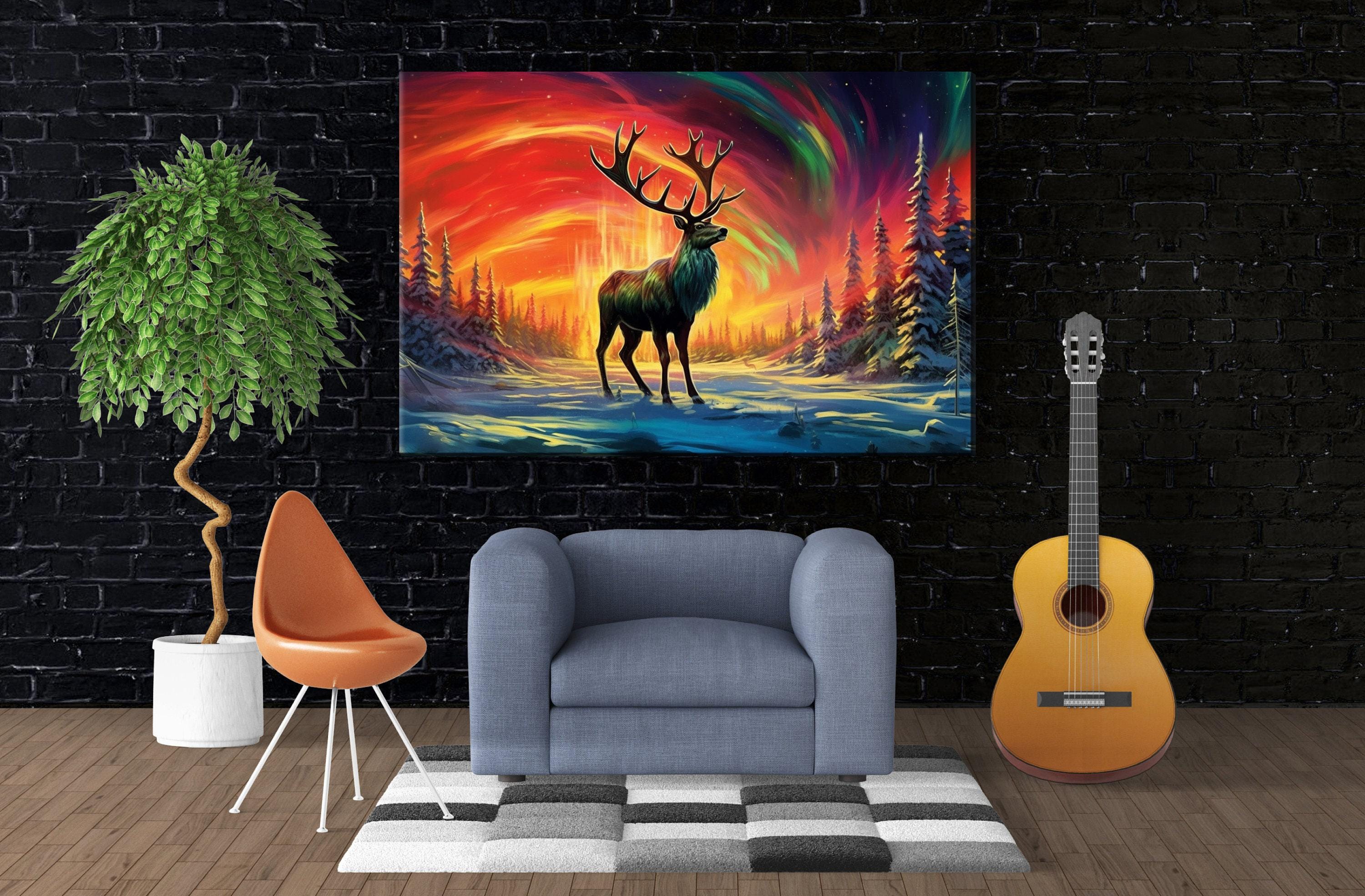 Winter Elk Canvas - Northern Lights Art | Extra Large Gallery Wrapped Print