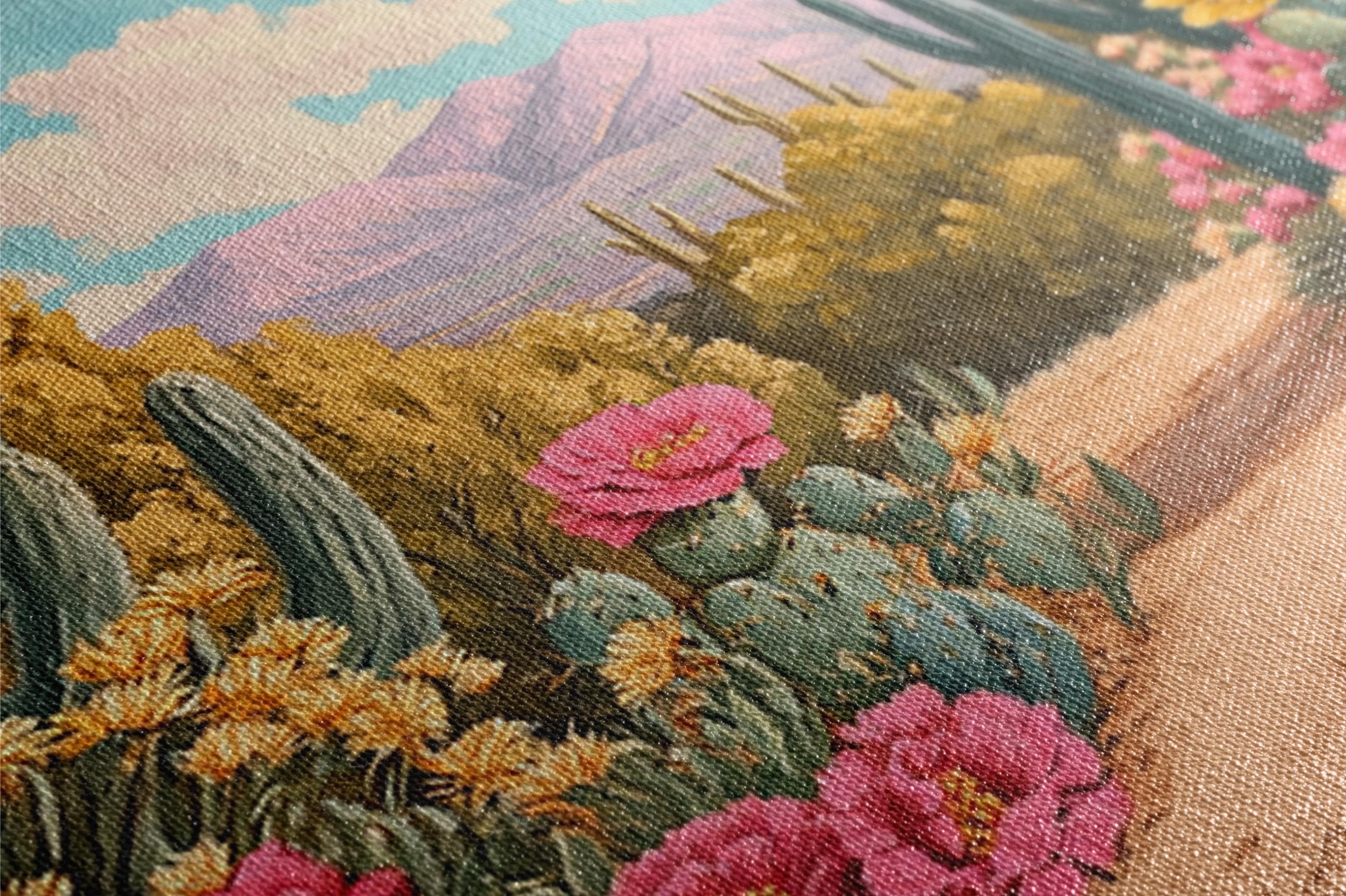 a painting of a desert scene with cactus and flowers
