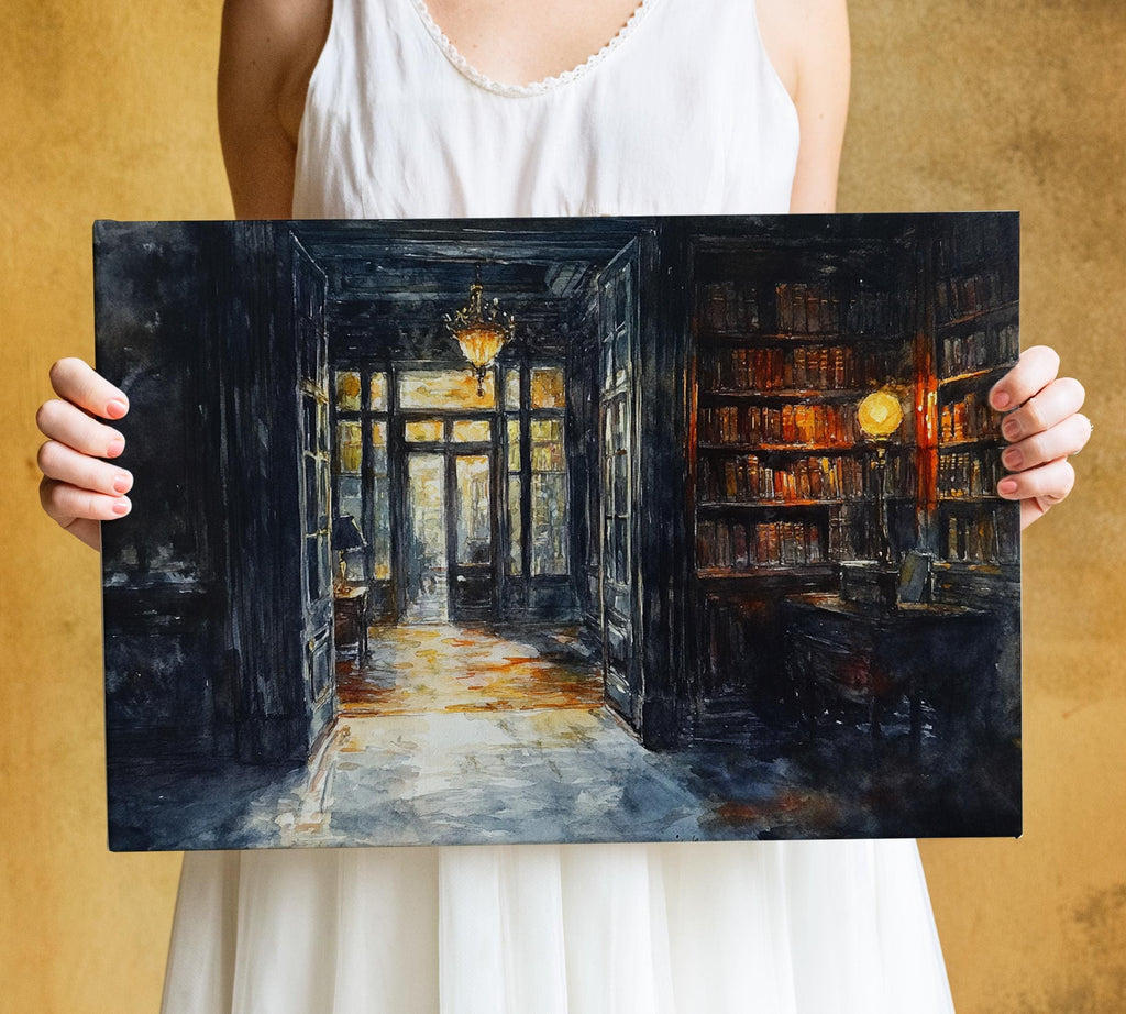 A woman holds a painting of a library with a warm, inviting atmosphere, featuring a bookshelf filled with books and a chandelier hanging from the ceiling.