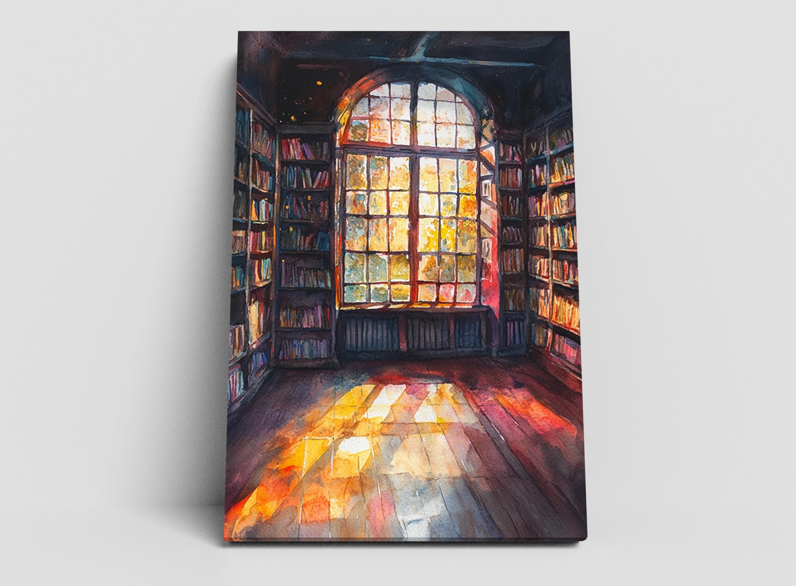 a serene and inviting library room with a large arched window that allows natural light to flood the space. The room is filled with bookshelves lining the walls, creating a cozy and intellectual atmosphere. The wooden floor adds a warm and rustic touch to the overall ambiance.