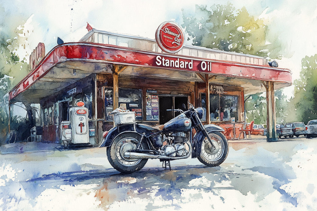 A vintage motorcycle is parked in front of a classic gas station with a red and white sign that reads "Standard Oil".