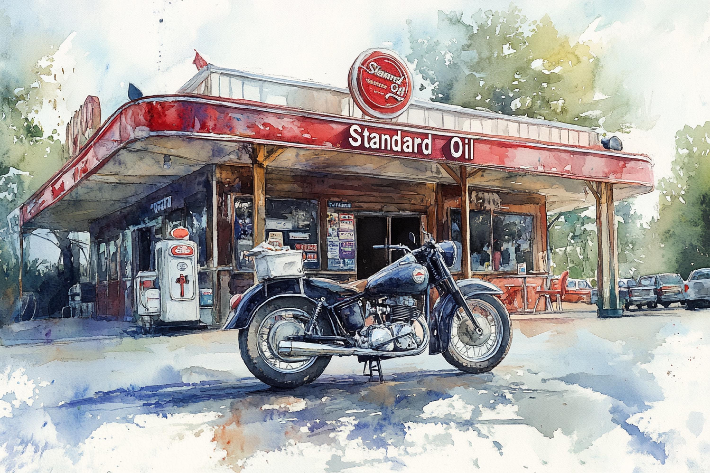 A vintage motorcycle is parked in front of a classic gas station with a red and white sign that reads "Standard Oil".
