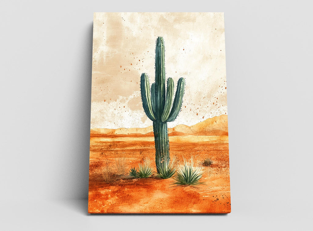 A tall cactus stands in a desert landscape, surrounded by smaller plants and set against a backdrop of mountains and a cloudy sky.