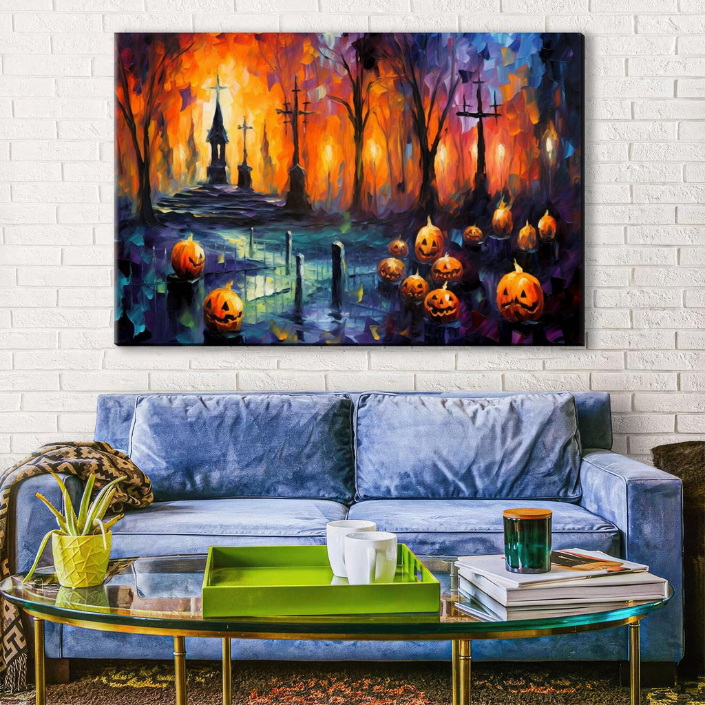 Halloween Graveyard Canvas | Spooky Wall Art - Large Gallery Wrapped Artist Print