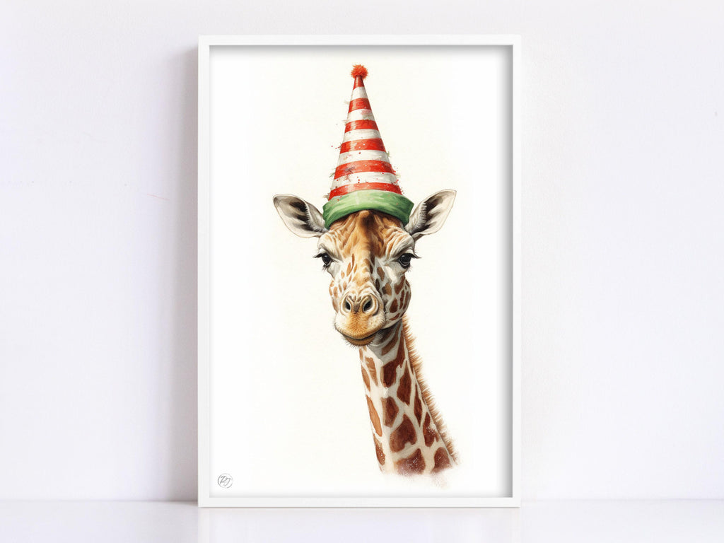 Christmas Safari - Watercolor Giraffe with Santa Hat, Giclee Print on Canvas, Artist Paper, Watercolor Paper, Available in Extra Large Sizes