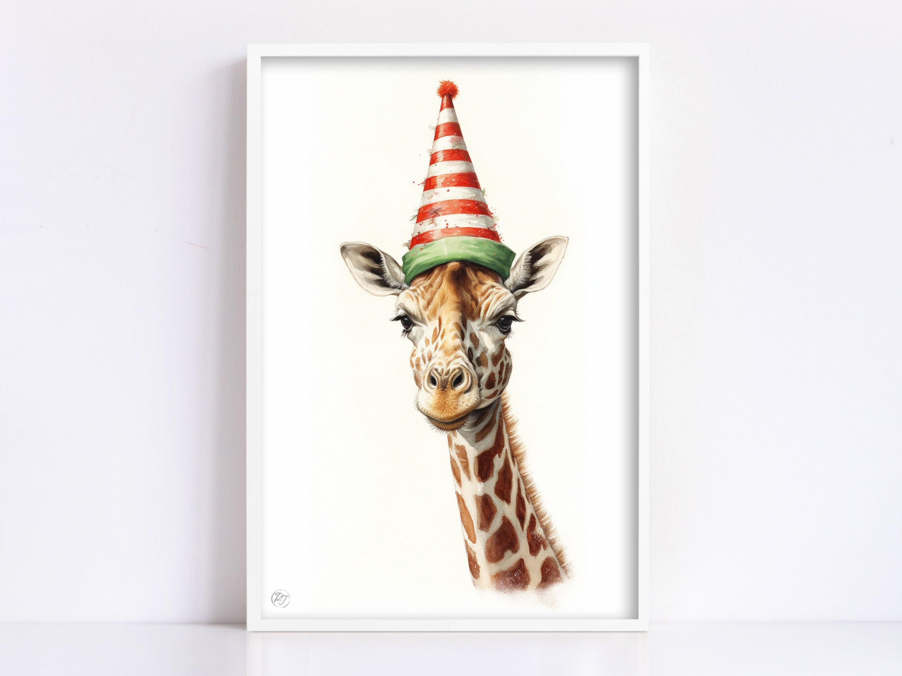 Christmas Safari - Watercolor Giraffe with Santa Hat, Giclee Print on Canvas, Artist Paper, Watercolor Paper, Available in Extra Large Sizes