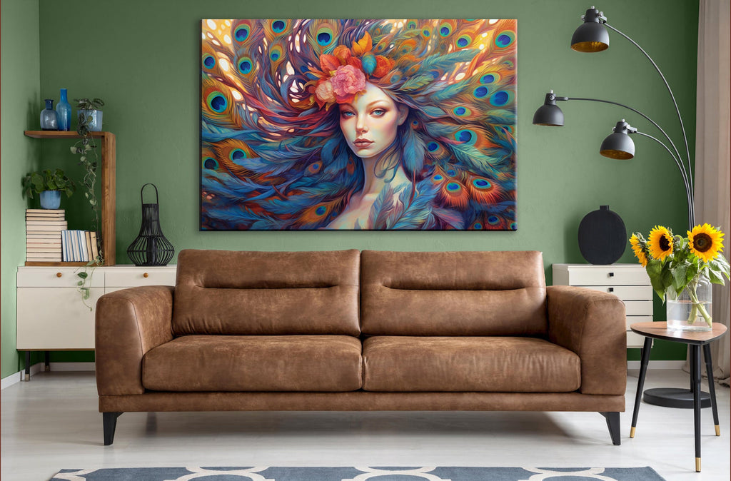 Peacock Feather Canvas | Large Canvas Print of Female Portrait Art with Vibrant Color