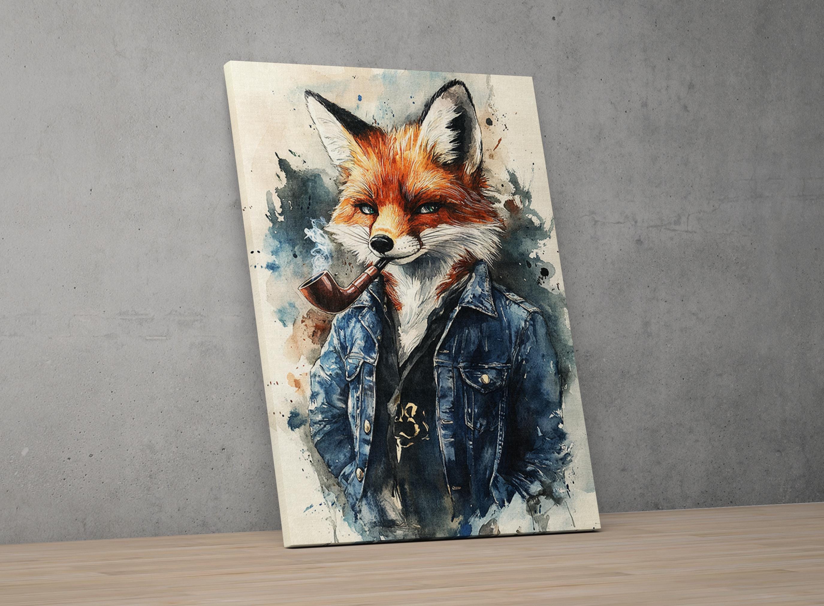 The image is a painting of a fox wearing a blue denim jacket and smoking a pipe.