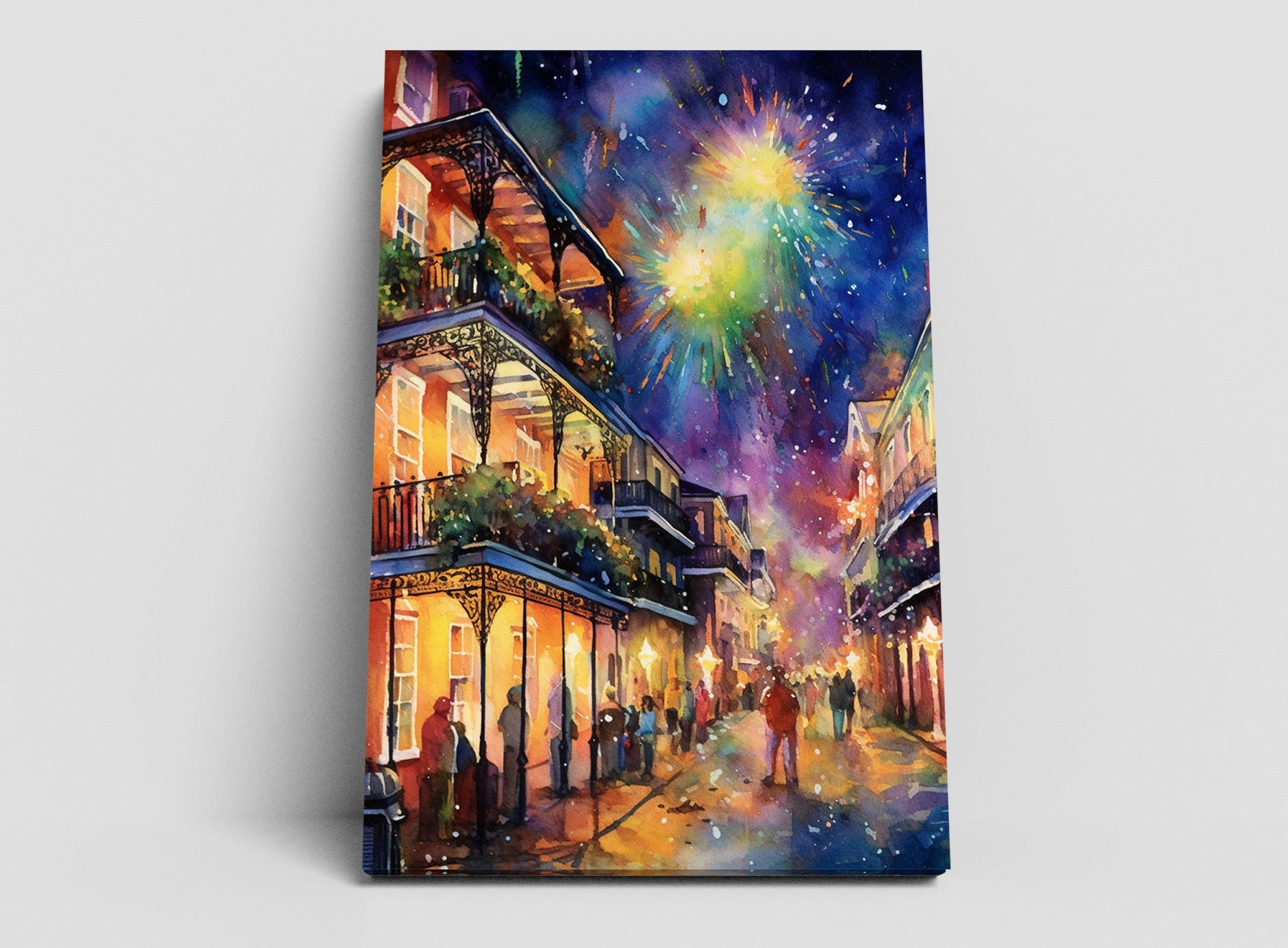 Vibrant Mardi Gras Night Celebration Watercolor –  Giclee Print on Canvas, Artist Paper, Watercolor Paper, Available in Extra Large Sizes