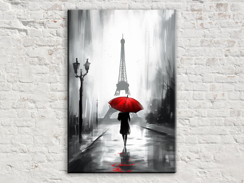 A black and white painting depicting a person walking on a rainy street, holding a red umbrella, with the Eiffel Tower in the background.