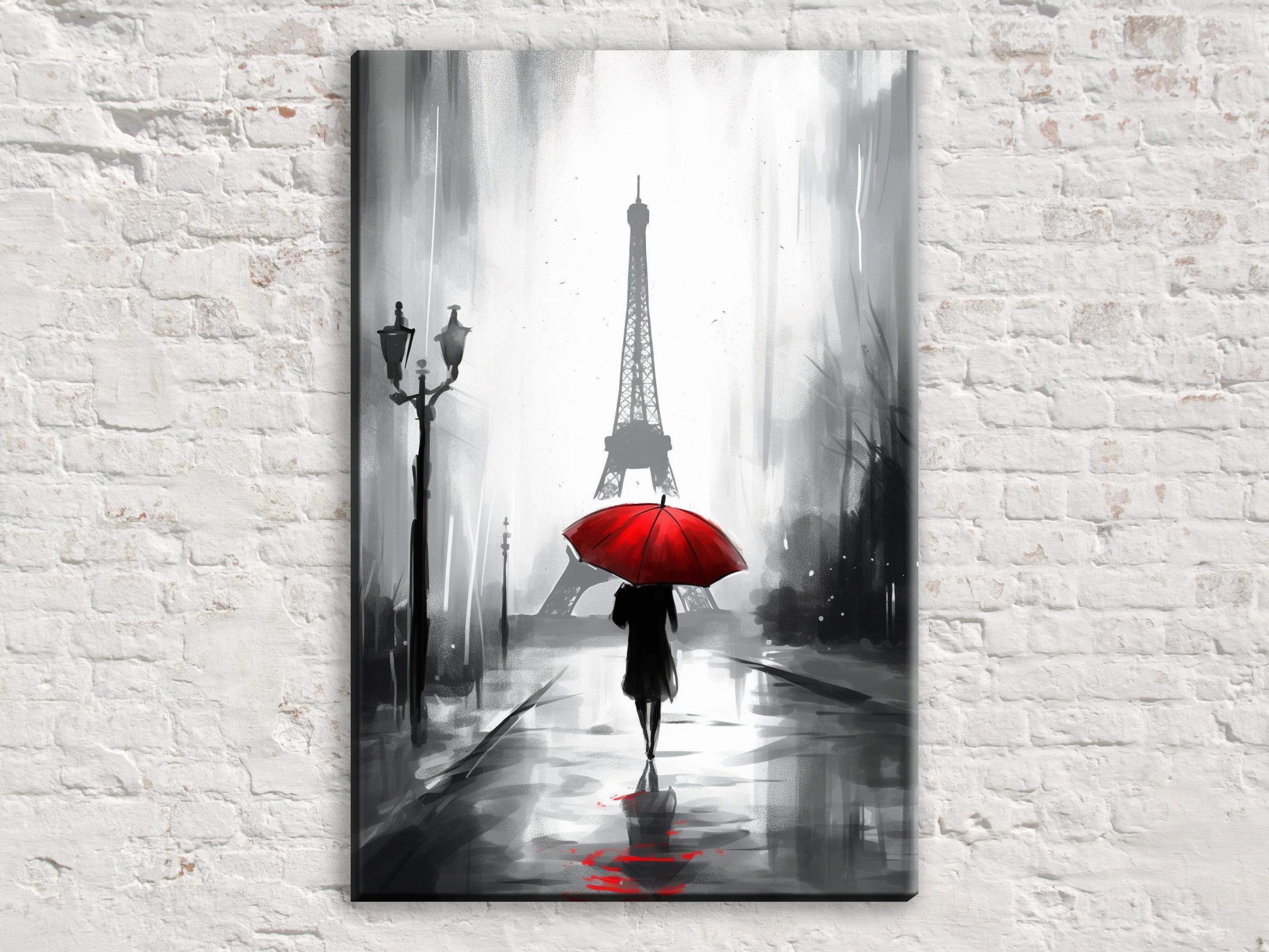 A black and white painting depicting a person walking on a rainy street, holding a red umbrella, with the Eiffel Tower in the background.