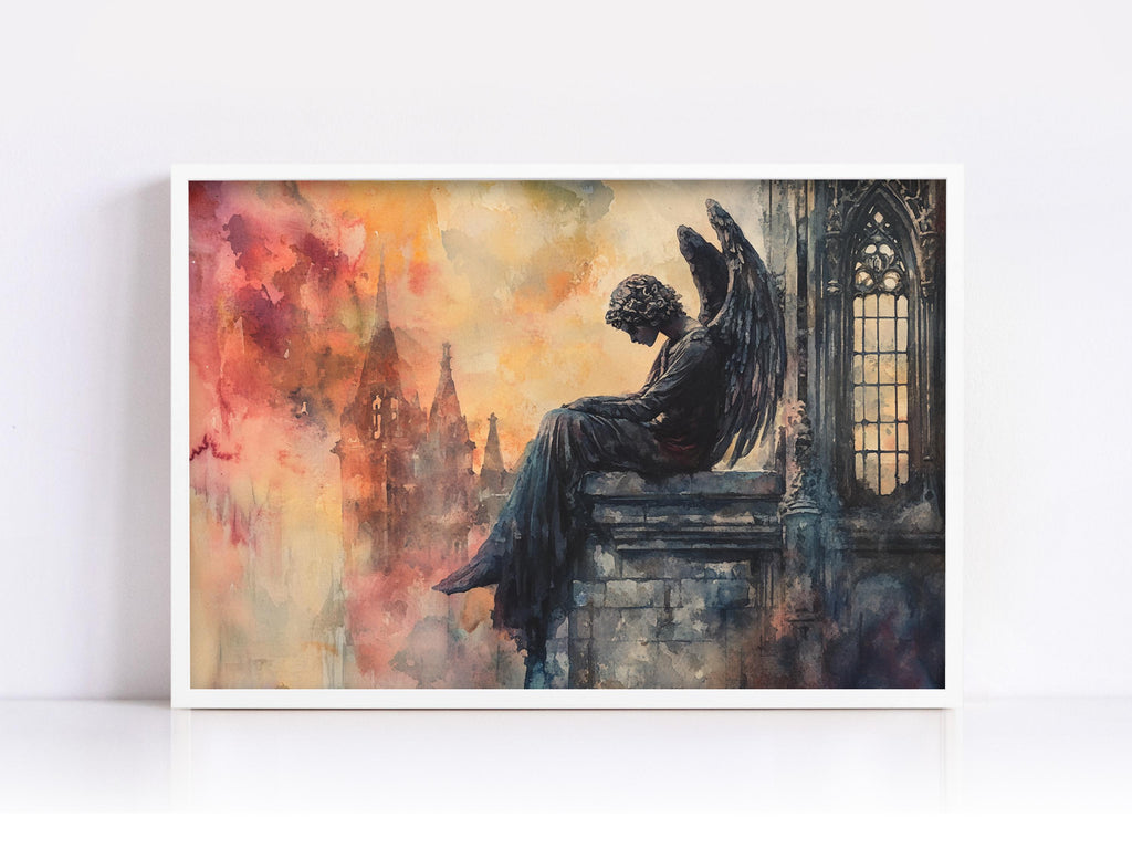 A painting of a statue of an angel sitting on a ledge, with a Gothic-style building in the background.