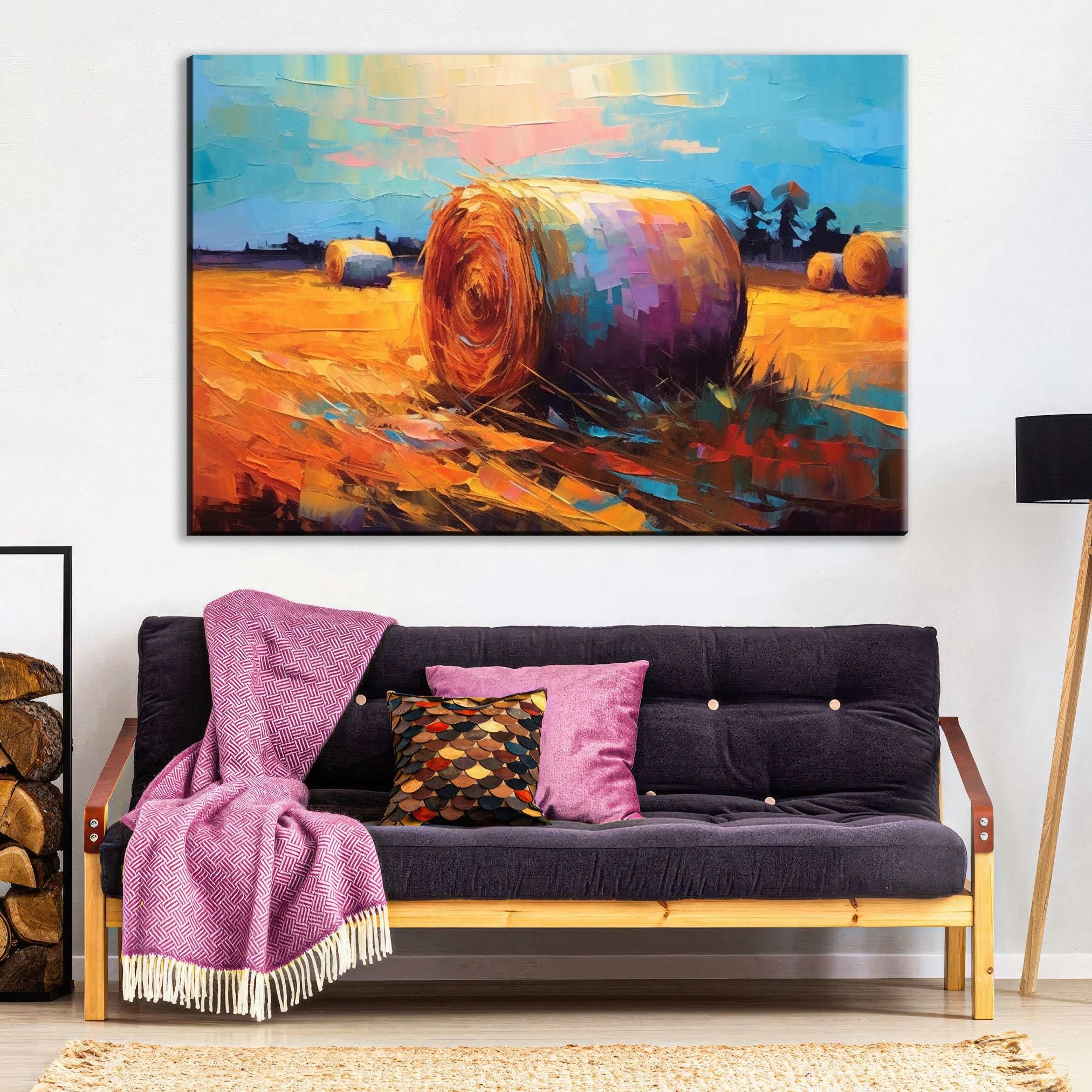 Hayfield Farm Landscape Art - Autumn Harvest Canvas | Large Rustic Wall Decor