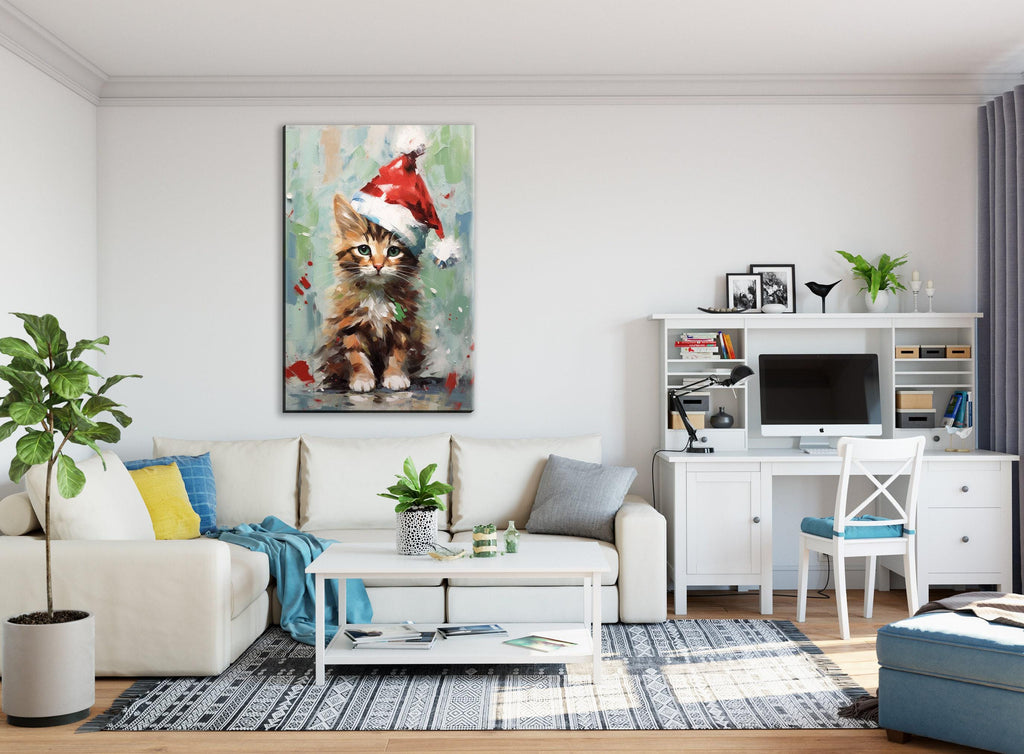 Santa Hat Kitten Painting - Festive Christmas Canvas Art | Gallery Wrapped Giclee Print