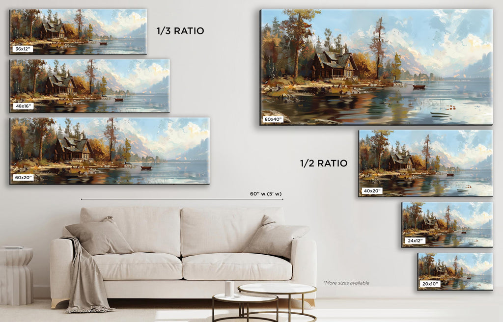 a living room with a white couch and paintings on the wall