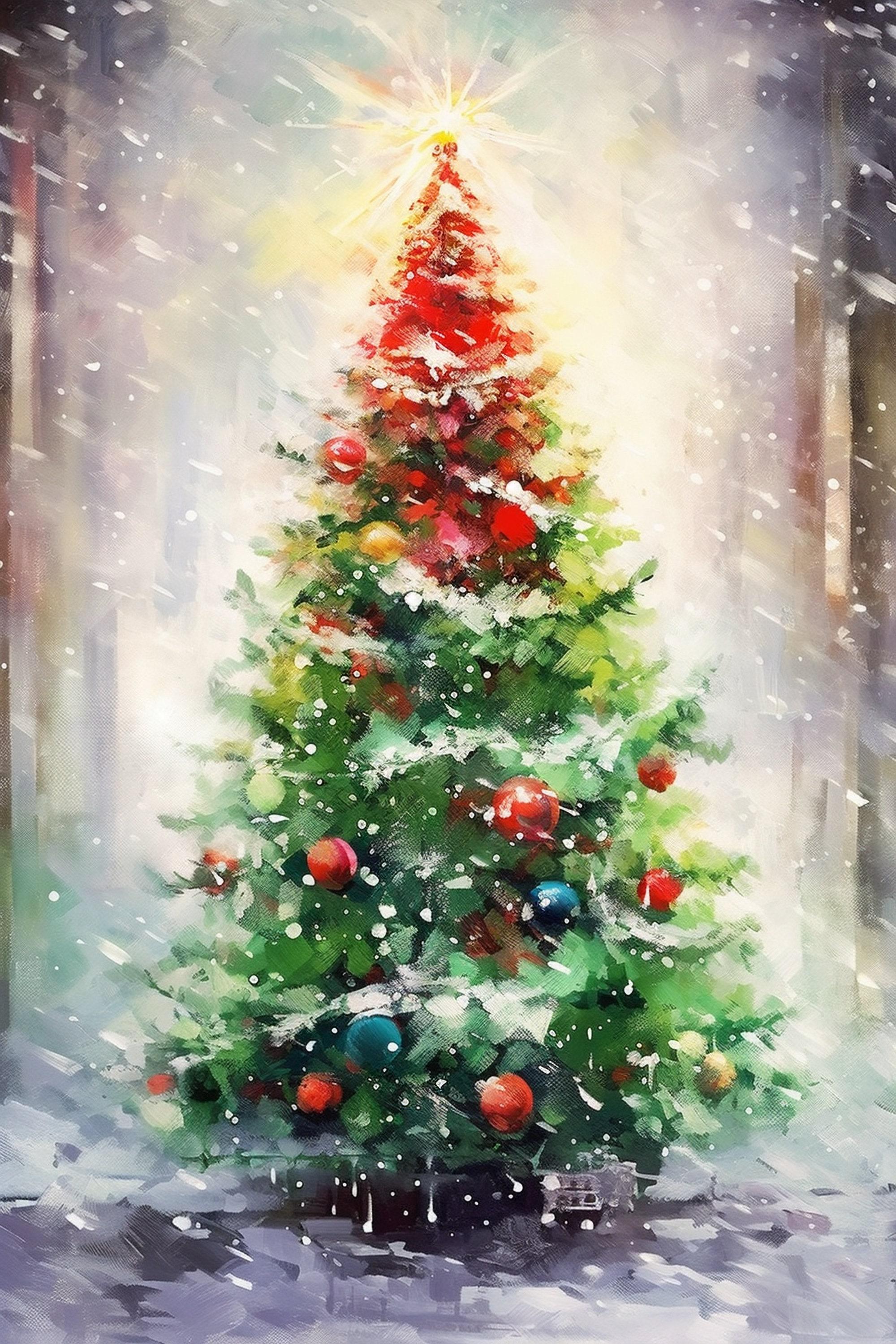 Snowy Christmas Tree Watercolor  - Seasonal Festive Decor, Print on Canvas, Artist Paper, Watercolor Paper, Available in Extra Large Sizes