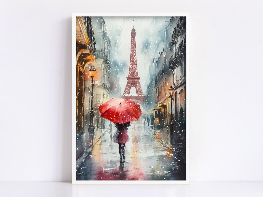 A woman walks down a rainy street, holding a red umbrella, with the Eiffel Tower visible in the background.