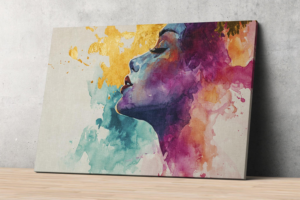 The image is a vibrant and colorful painting depicting a woman's profile, with bold brushstrokes and a mix of warm and cool colors.
