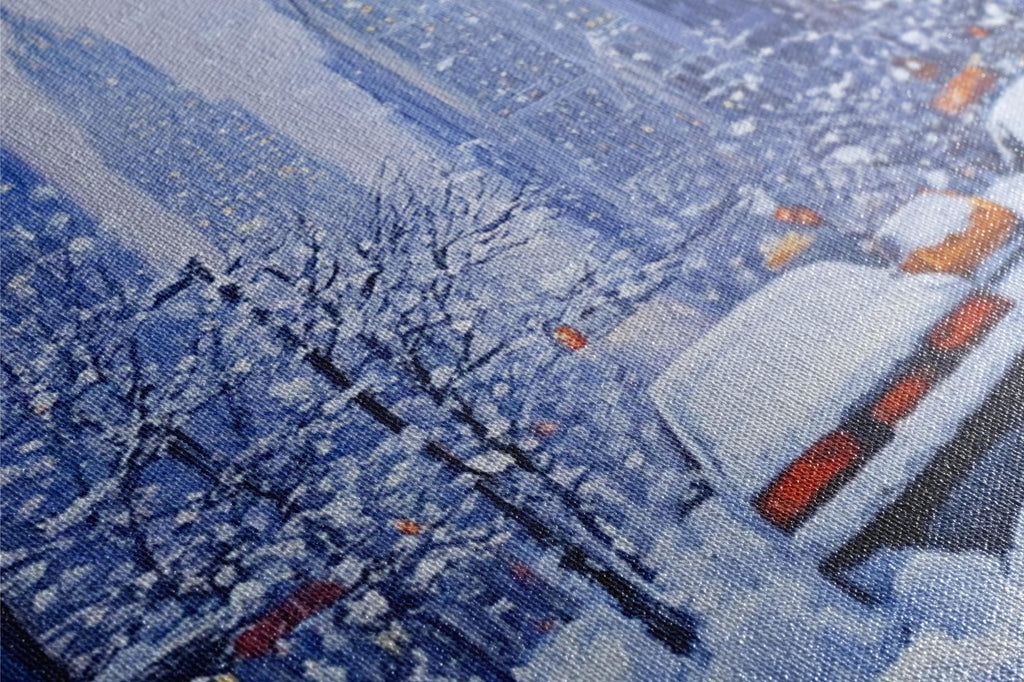 a painting of a snowy cityscape with trees