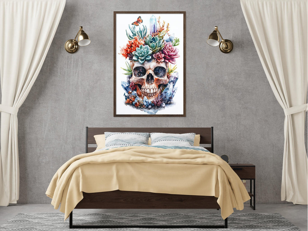 a bedroom with a bed, a nightstand, and a framed artwork of a skull with a floral arrangement on its head.