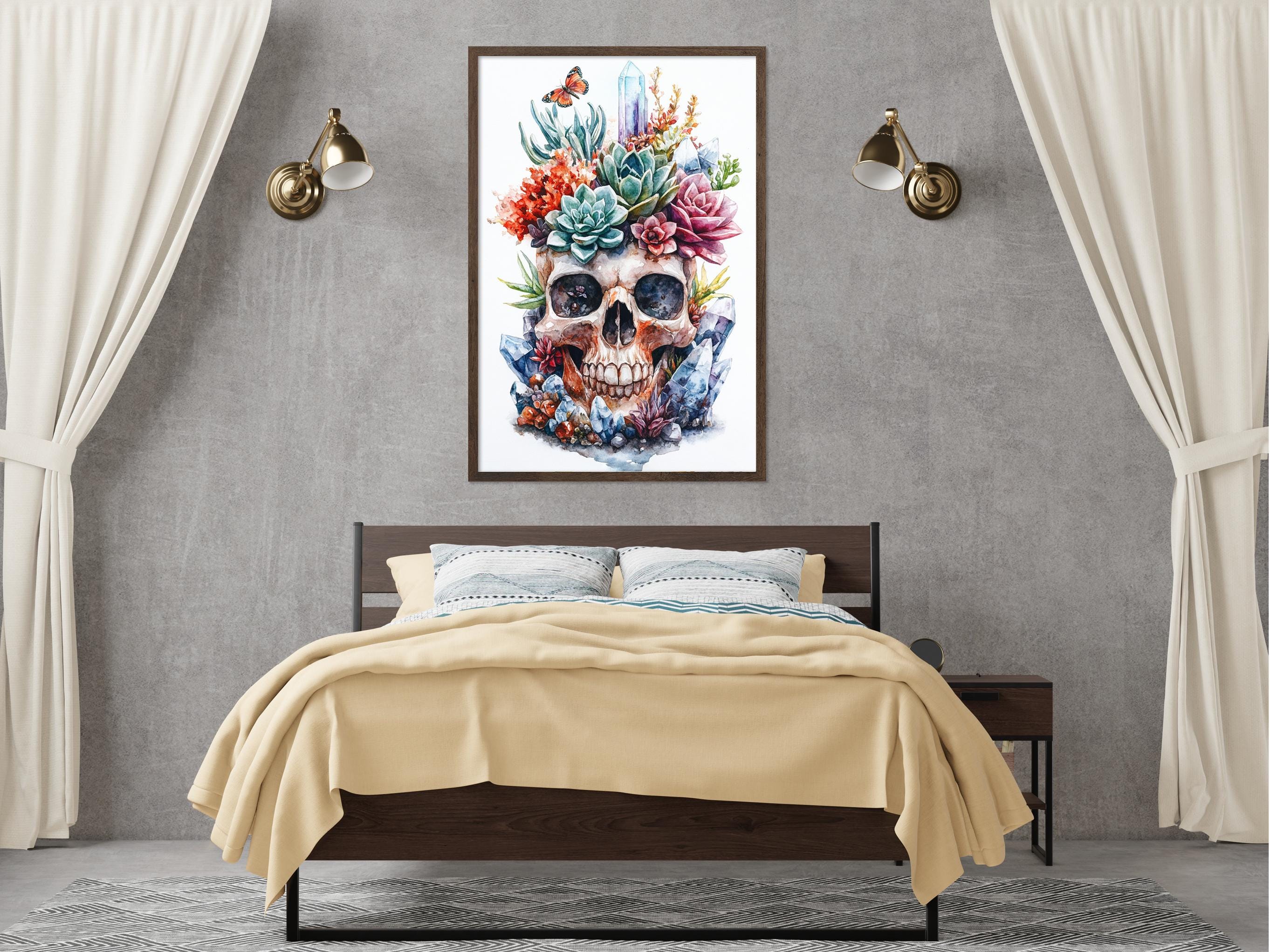 a bedroom with a bed, a nightstand, and a framed artwork of a skull with a floral arrangement on its head.