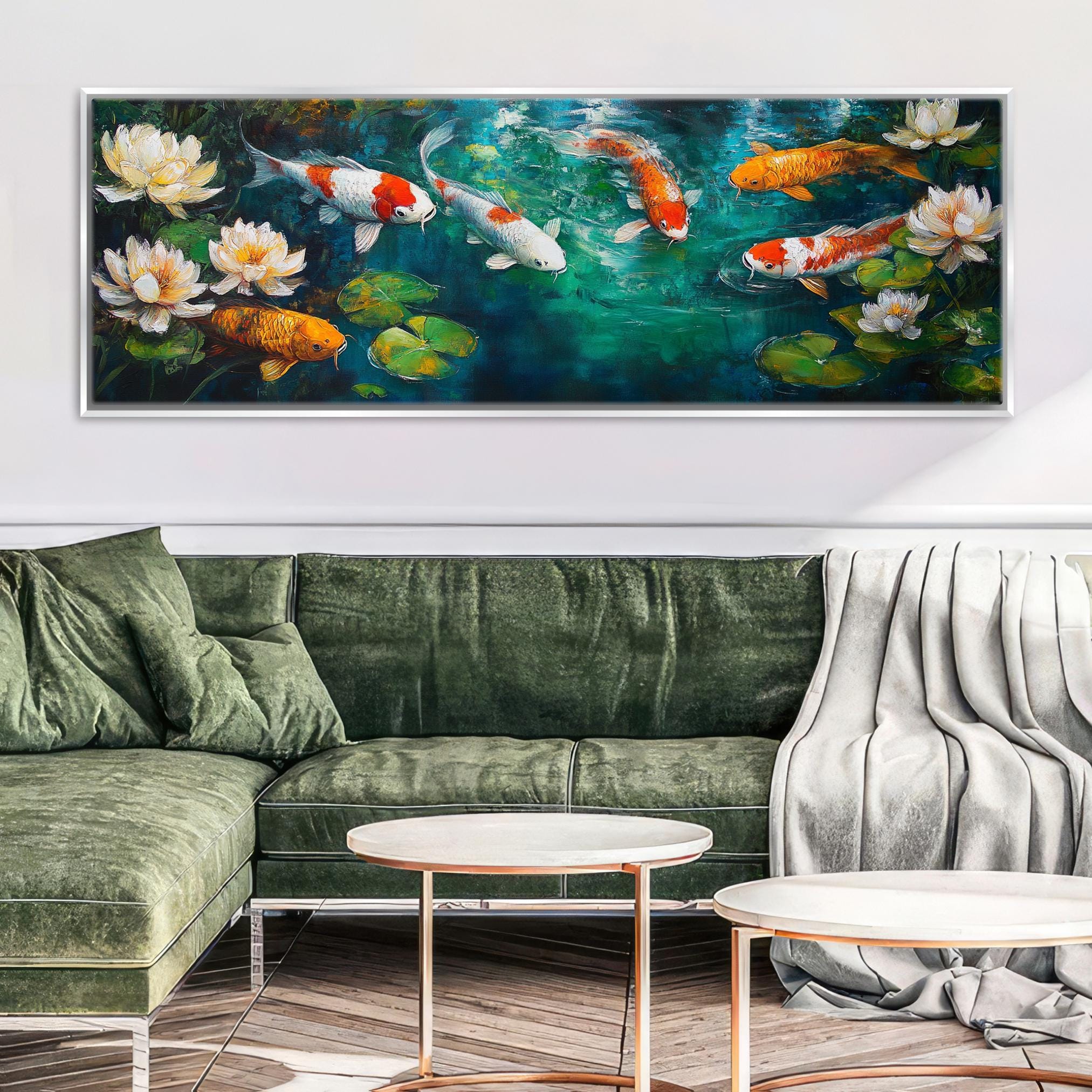 a living room with a couch and a painting on the wall