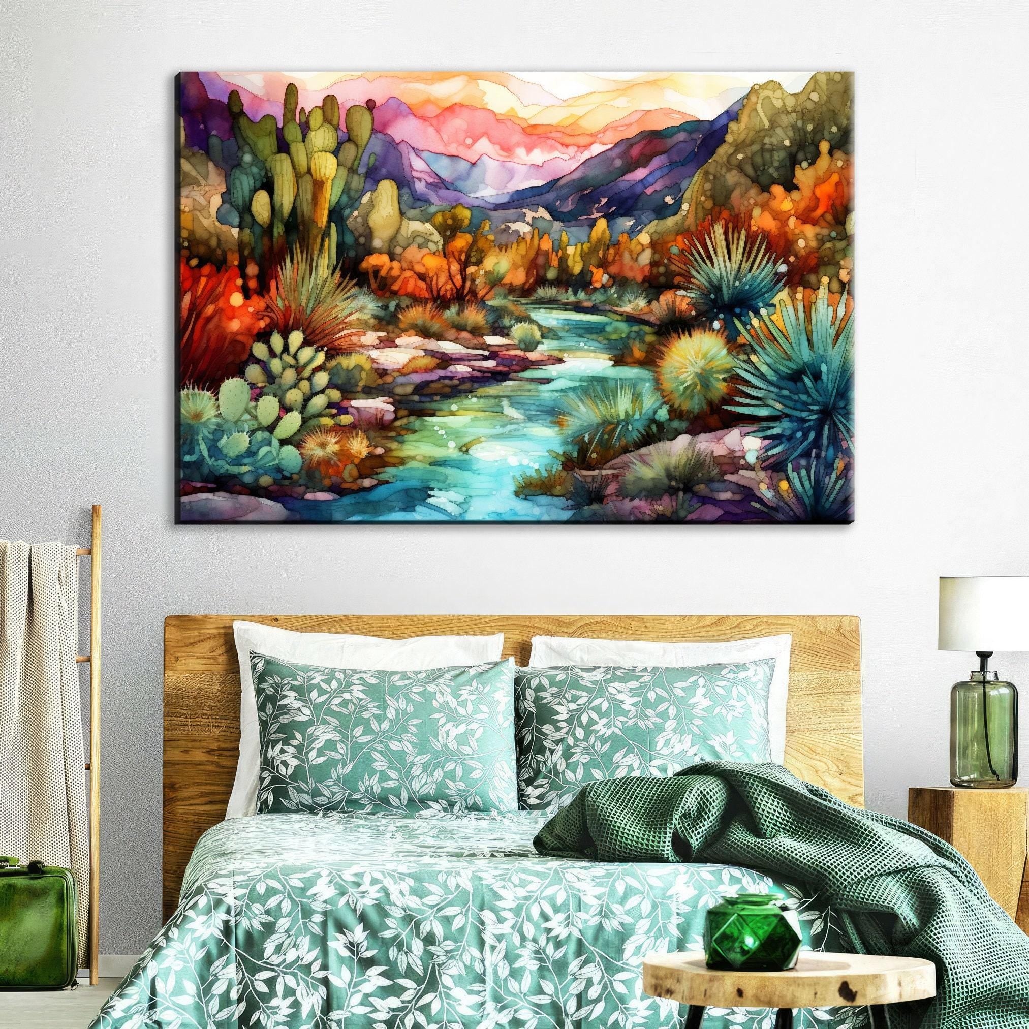 a vibrant and colorful desert landscape with a winding river, lush vegetation, and a warm sunset sky.