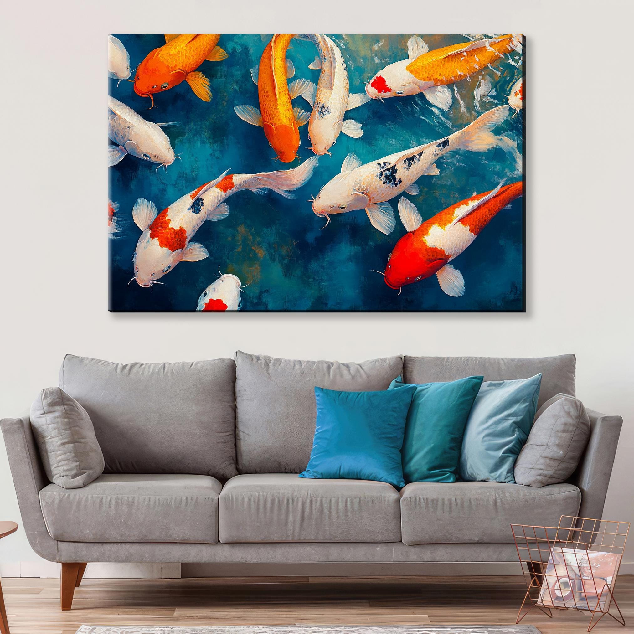 a painting of a group of koi fish swimming in a pond