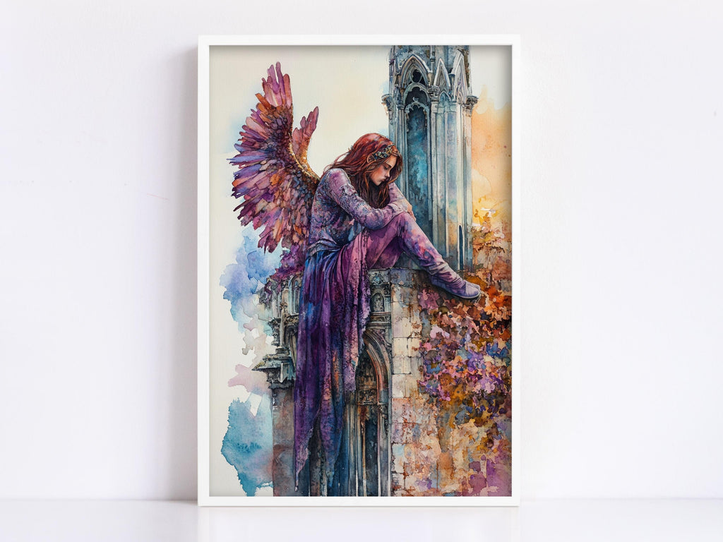 A framed painting depicting a woman with long red hair and a purple dress, sitting on a ledge with her arms crossed, wearing a purple headband.