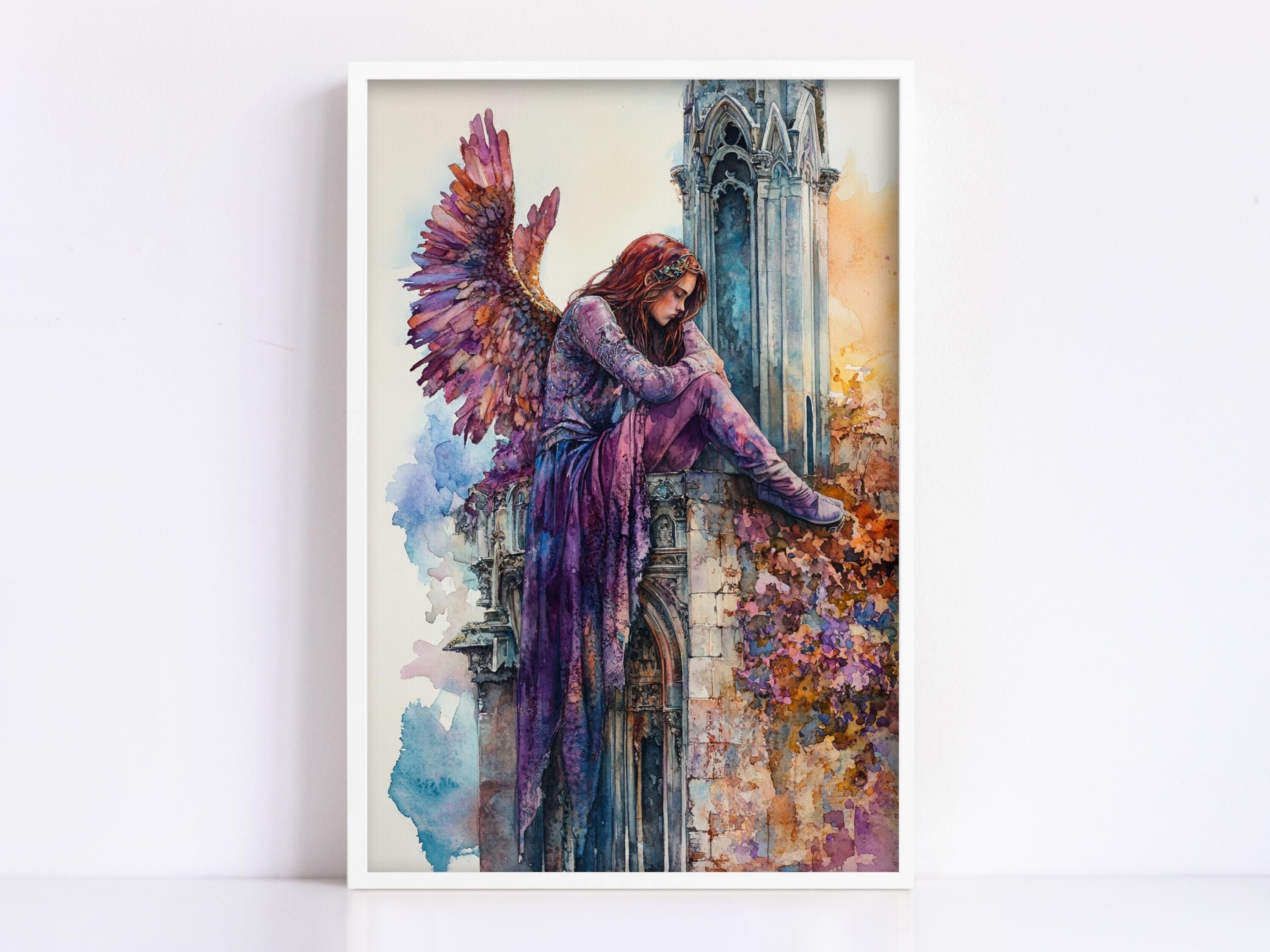 A framed painting depicting a woman with long red hair and a purple dress, sitting on a ledge with her arms crossed, wearing a purple headband.