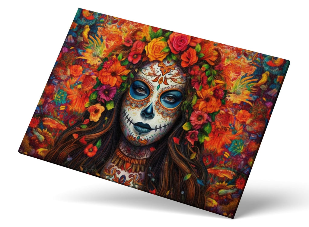 A colorful and intricate painting depicting a woman's face with a sugar skull design, surrounded by a vibrant floral background.