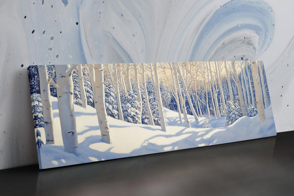 a painting of a snowy landscape with trees