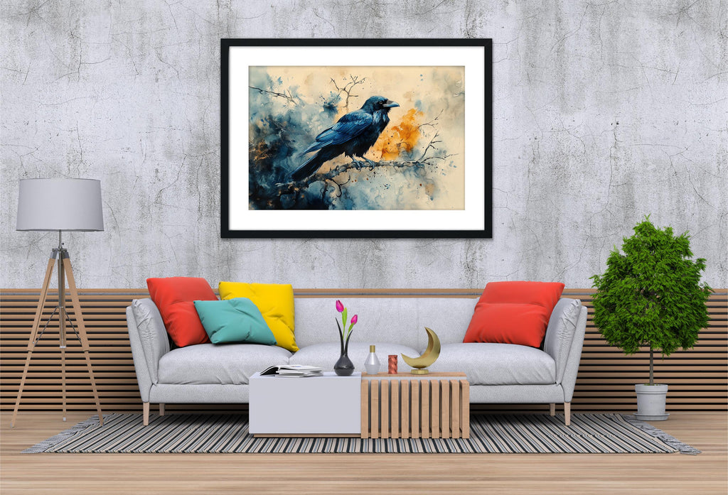a cozy living room with a gray sofa adorned with colorful pillows, a wooden coffee table, and a framed painting of a bird perched on a branch hanging above the sofa.