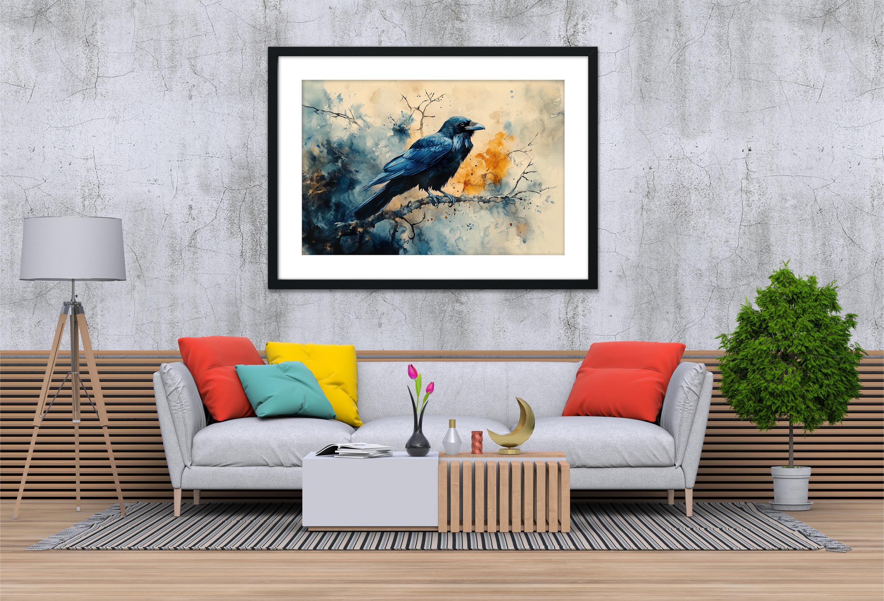 a cozy living room with a gray sofa adorned with colorful pillows, a wooden coffee table, and a framed painting of a bird perched on a branch hanging above the sofa.