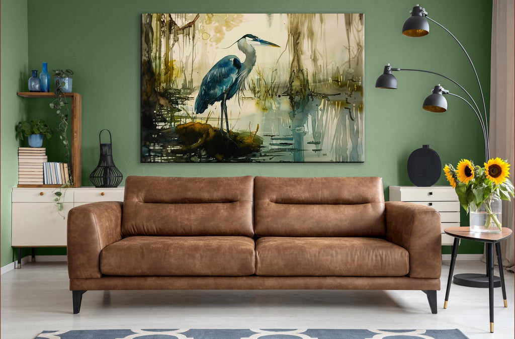 Blue Heron Wall Art – Elegant Alcohol Ink Canvas | Large Gallery Wrapped Print