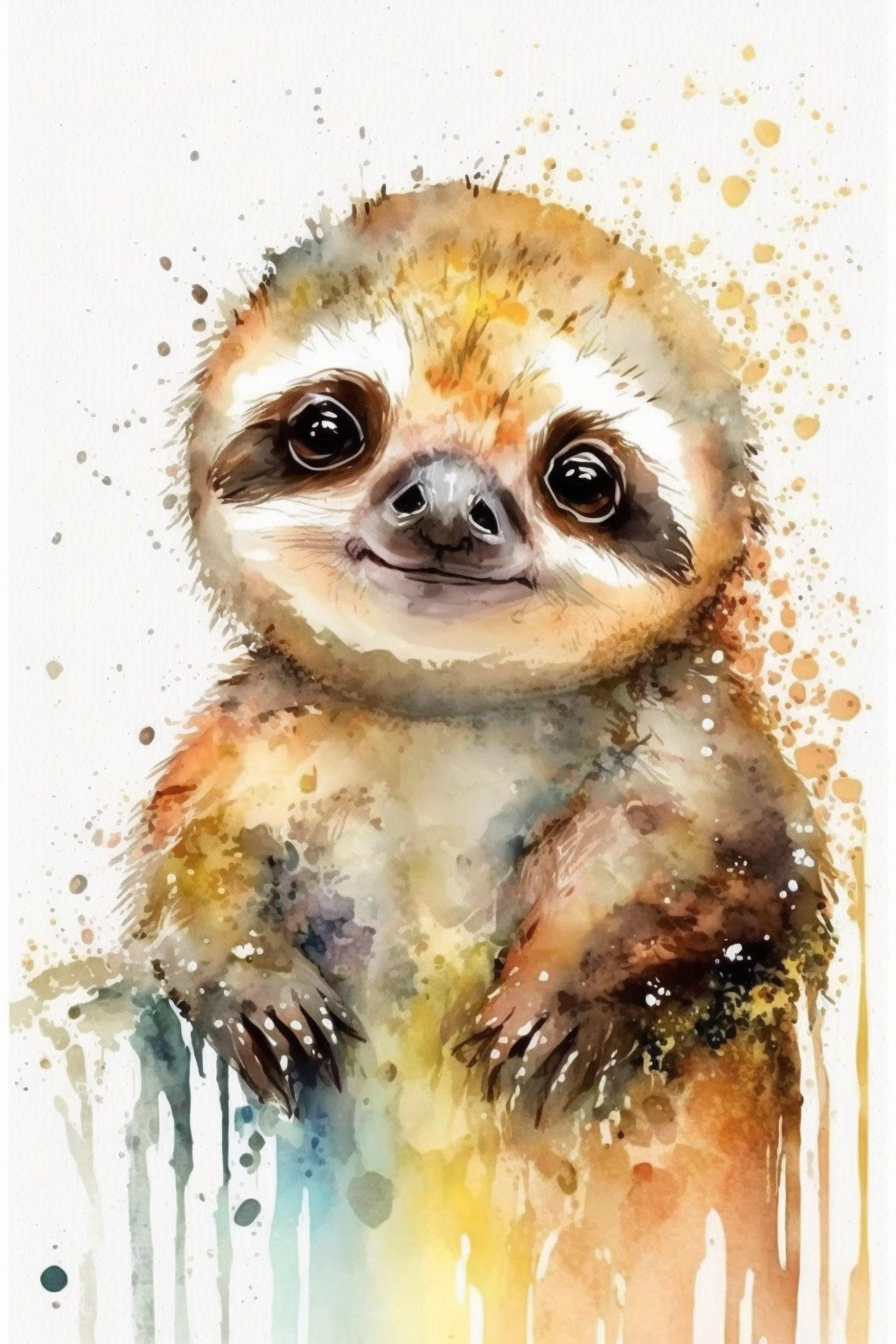 Wildlife Serenity: Sloth Watercolor Painting, Giclee Print on Canvas, Artist Paper, Watercolor Paper, Available in Extra Large Sizes
