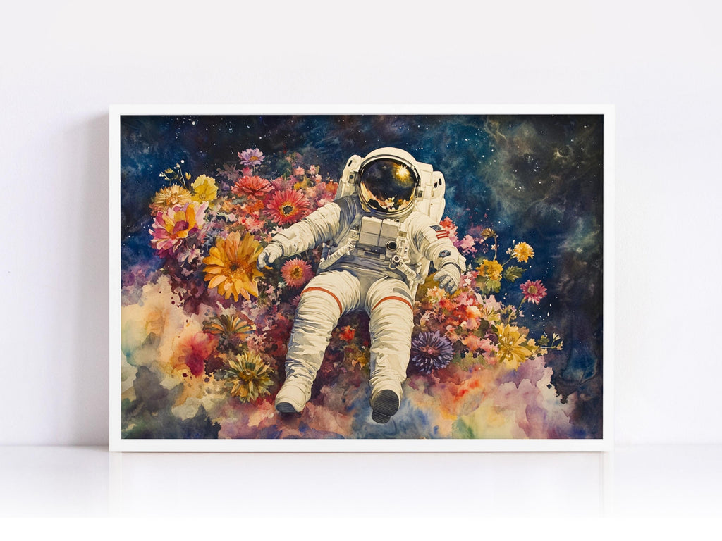 An astronaut floating in a colorful, flower-filled space against a starry background.