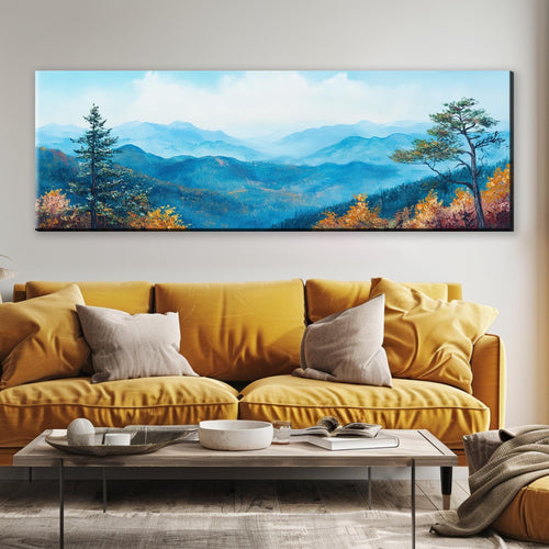 a living room with a yellow couch and a painting on the wall