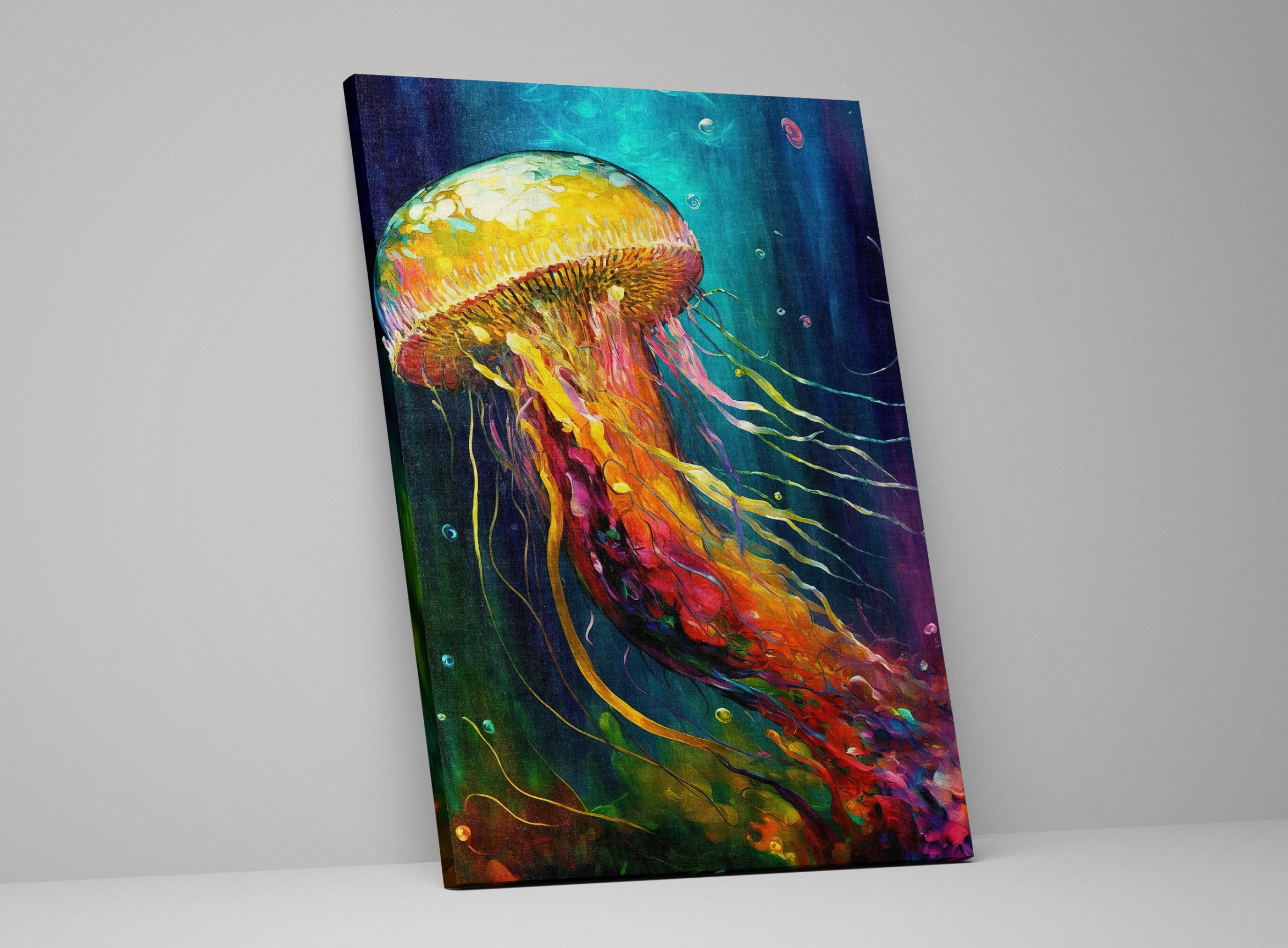 Jellyfish Canvas Art – Vibrant Sea Life Painting on Gallery Ready Wooden Frame