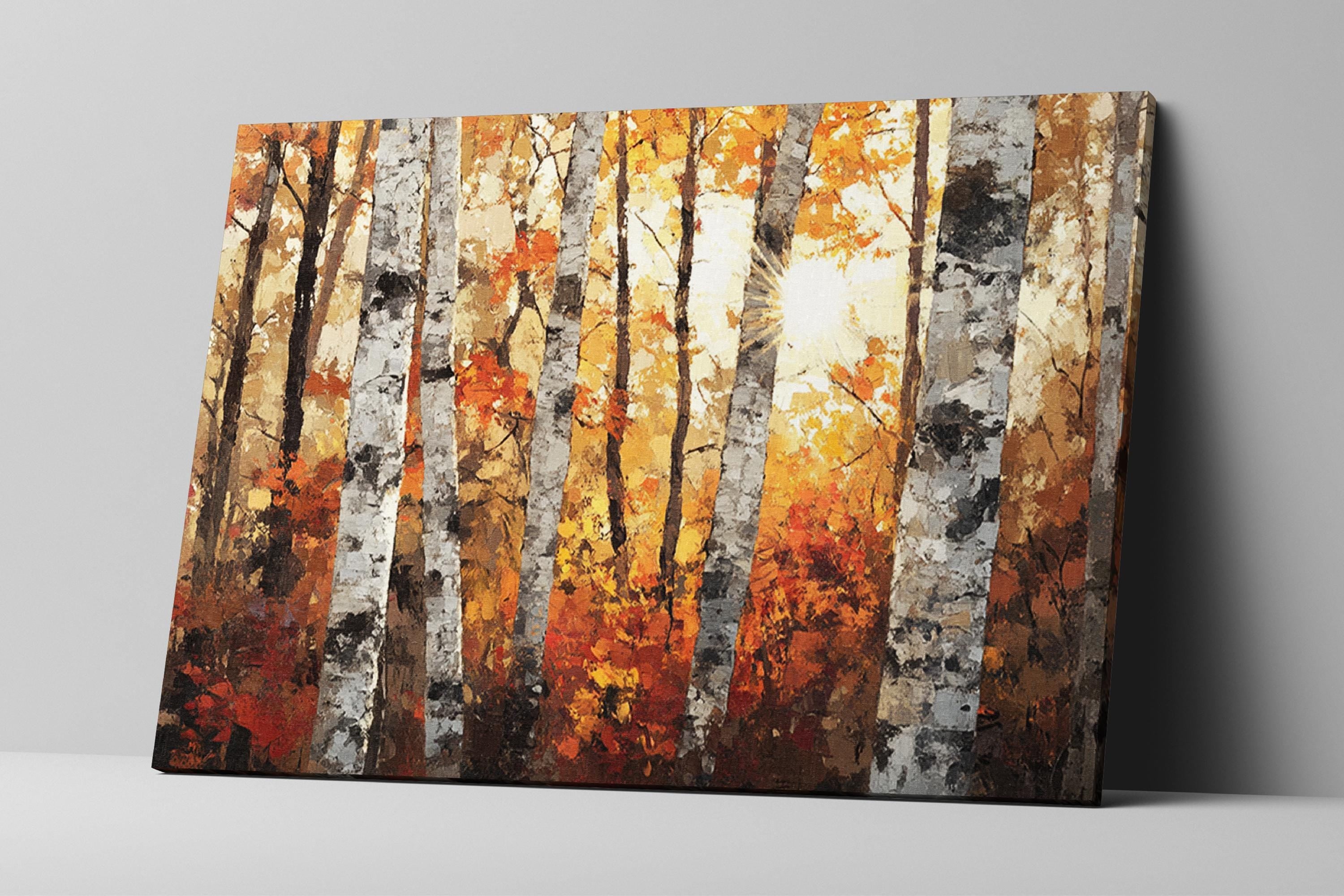 Autumn Birch Tree Wall Art - Extra Large Canvas | Cozy Fall Painting, Framed Birch Canvas