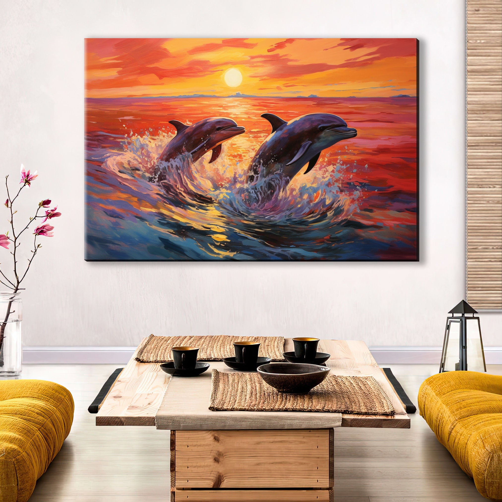 Dolphin Canvas Art – Large Ocean Wall Art | Pair of Dolphins, UV Coated Gallery Print