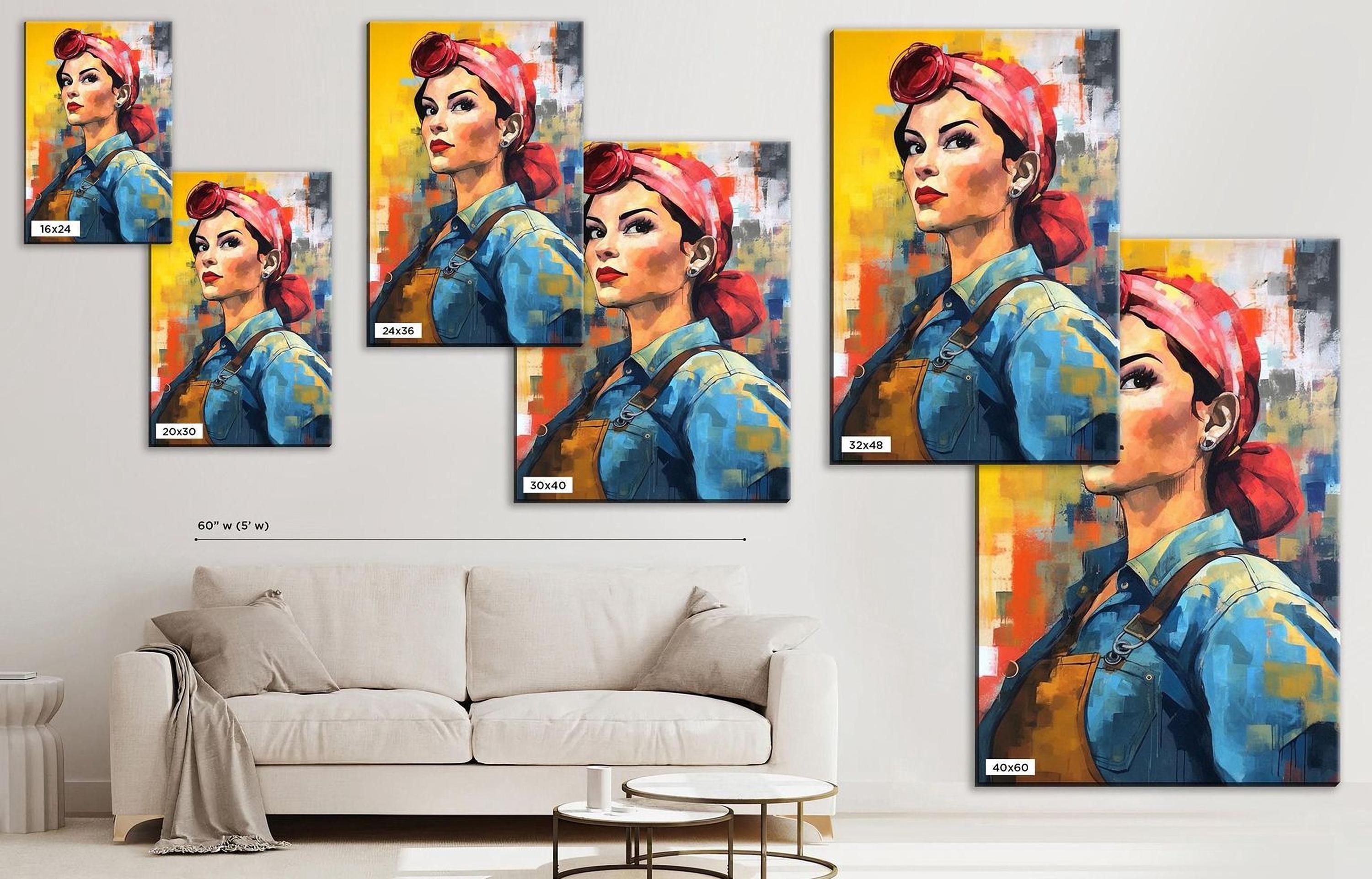 The image is a collage of multiple paintings depicting women with red hair and colorful outfits, arranged on a wall in a living room setting.