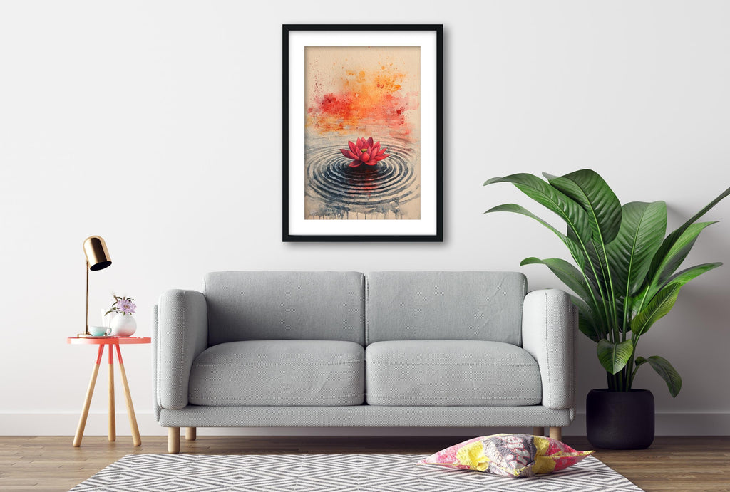 a gray sofa, a framed painting of a lotus flower in a pond, a potted plant, and a small table with a lamp.