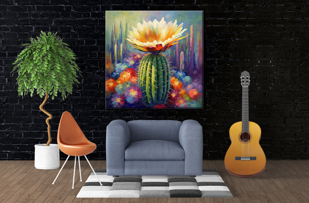 Saguaro Cactus Bloom Painting – Large Gallery Wrapped Canvas Wall Art, UV Coated Print