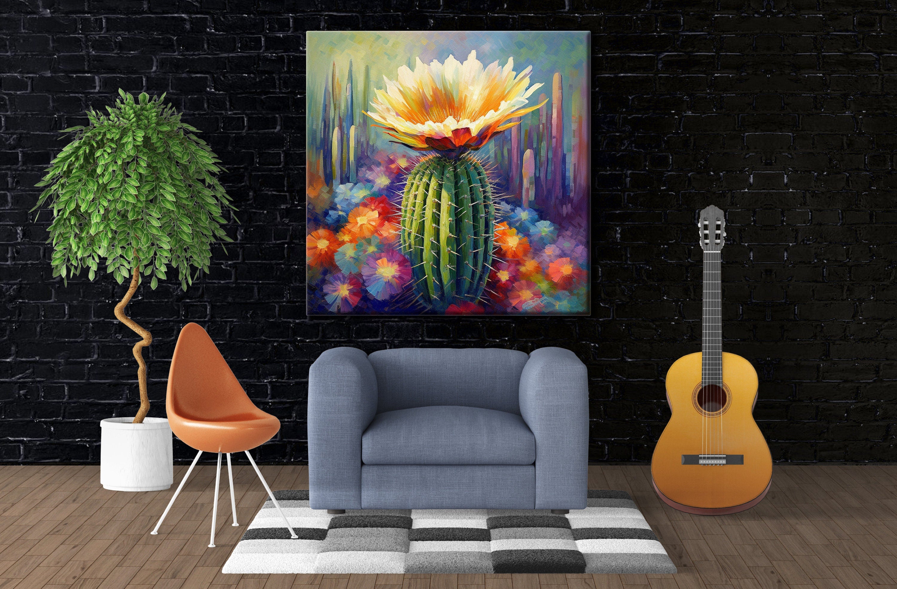 Saguaro Cactus Bloom Painting – Large Gallery Wrapped Canvas Wall Art, UV Coated Print
